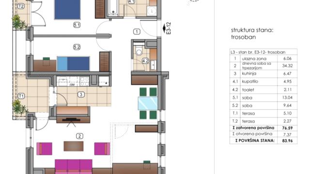 Stan, Trosoban, Prodaja, 84m2, Tošin bunar