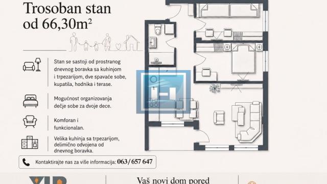 Stan, Trosoban, Prodaja, 66m2, Aqua park, Gradska lokacija, Jagodina